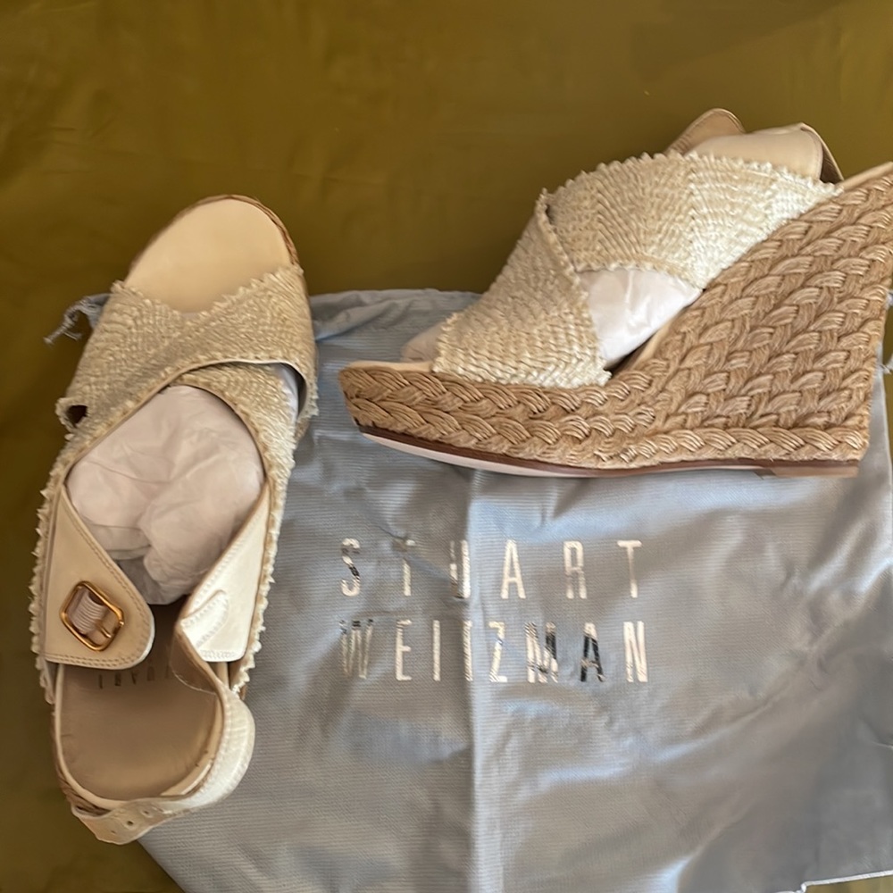 NEW stuart Weitzman ivory wrinkle raffia wedge